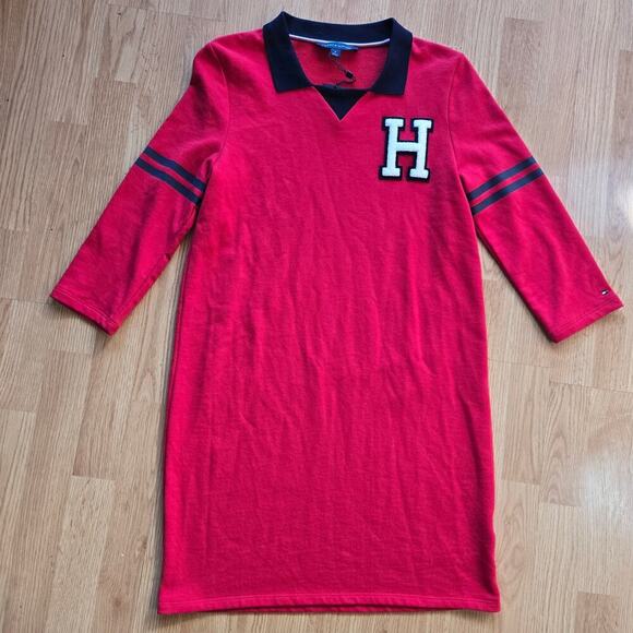 NWT Tommy Hilfiger Womens Red Polo Dress M Preppy Academia Classic Varsity Patch - Picture 2 of 9